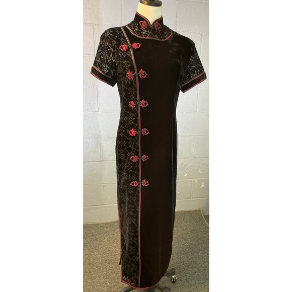 Vintage Black Red Burnout Velvet Cheongsam Dress Qipao XL Mandarin Collar - Picture 1 of 10